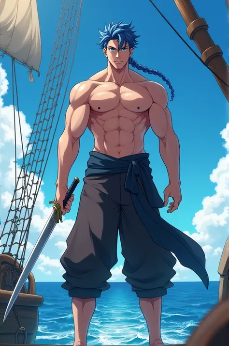 anime male, Pirate ship, clear ocean blue sea, shirtless,  baggy skirt pants, muscular figure, Pale skin, blue hair, curly hair, blue eyes, striking eyes, holding a sword