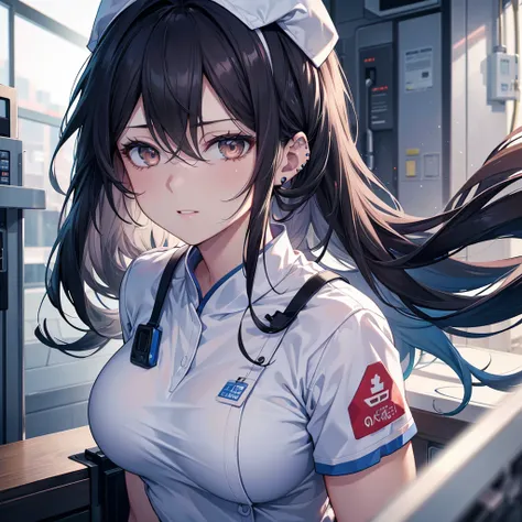 Burst Out Laughing, hospital, clinic, wear scrubs, White or pale blue scrub clothing, a nurse aide, with long dark hair, piercing gaze, and a stern expression, no cap, full body view, high resolution, detailed, anime-style illustration, beautiful black hai...