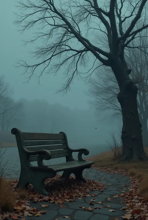 Desolate landscape, gray overcast sky, weathered bench, barren park, fallen autumn leaves, gnarled tree, muted colors, blues, grays, browns, solitude, emotional weight, in the style of Edward Hopper.