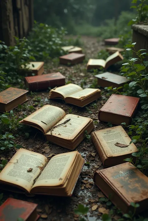 Books thrown in the yard
