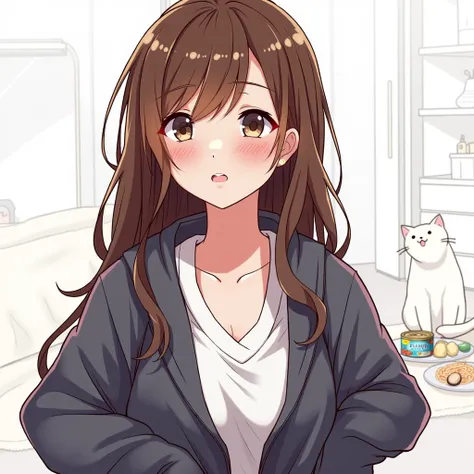 Create a manwha style image of a person changing wet clothes in a small apartment. In the background, A cat is sitting on a carpet, looking curiously. On a table or counter top, There is a plate with cooked quick noodles and an open can of tuna. The person...