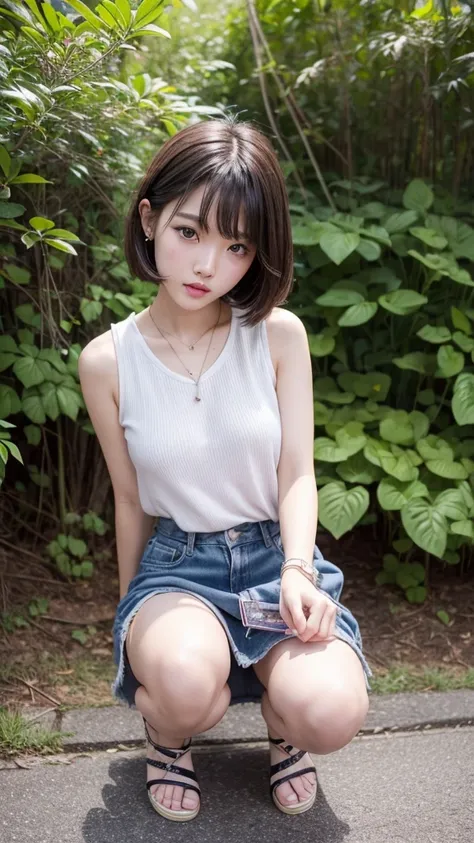 One girl、High resolution、high quality、invisible to AI、Real People、Young face、Realistic facial expressions、A vivid face、Landmine makeup、skinny、short length、Summer clothes、Fashionable clothes、mini skirt、Beautiful Japanese Landscape、Cool photos、squat、Interest...