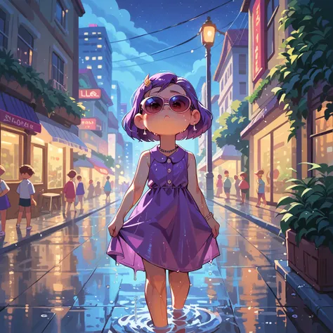 meilin lee, purple hair, purple dress, sunglasses, outdoors, city, night, neons, wet road