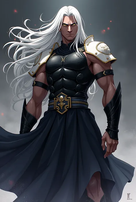 one  men, skin black, long white hair, yellow  eyes, wears black chest armor, white shoulder pads and a black skirt. anime art style