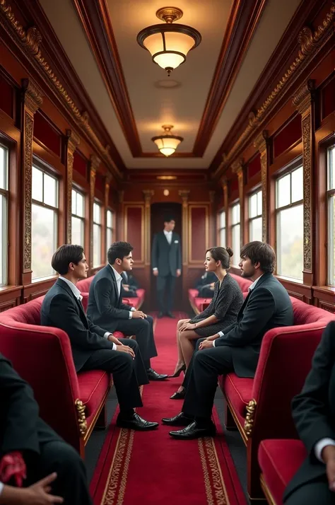 Interior of luxurious Victorian railway car. Brass, red velvet, well-dressed passengers.