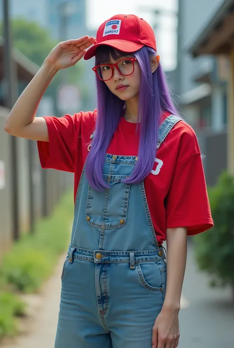 live-action、Real、Japanese women、Purple straight hair、Red cell frame glasses、Red T-shirt、Overalls、red converse high tops、red baseball cap、salute