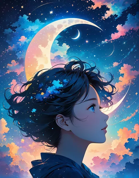 This image shows the silhouette of a person looking upwards against a dreamy night sky. The sky is depicted with a gradient of colors, transitioning from a darker blue at the top to a lighter hue at the bottom. Stars are scattered across the sky with a pro...