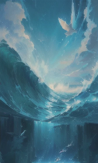 Seascape painting with birds flying over the water, blue sea. by Makoto Shinkai, makoto shinkai cyril rolando, Soaring Waves, Wallpaper Anime Blue Water, flying On the Sea, Inspired by Cyril Rolland, Detailed ocean, On the Sea, Rad!!!, Rad!, ( ( Makoto Shi...