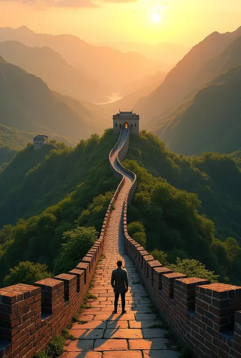 Create the Great Wall of China with first person view mountains green trees with a sunset.