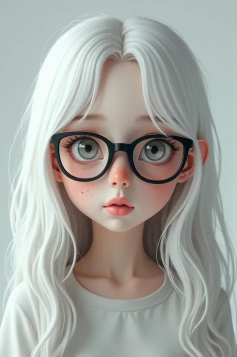 White-haired girl, grey eyes, acne, white, black nerd glasses