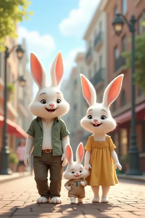 Une famille de lapins blancs anthropomorphes,  avec le père,  la mère et le petit lapin. Marchant ensemble dans la rue, joyeux 