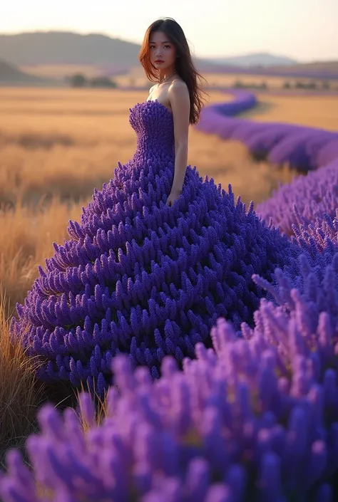 A 3D photo of a woman with captivating eyes wearing a mesmerizing very dark purple dress made of violets, The dress is formed by a breathtaking arrangement of deep purple violets in a field. The dress has a spiral pattern and is seamlessly connected. The v...