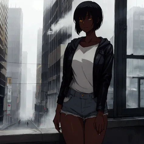 1 adult woman, solo, black hair, dark skin, short hair, yellow eyes, Hood, medium breast, mid thighs, himself, denim shorts, city, Grey sky, fog, light from the windows, dim lighting, Dim Sun, cigarette in hand, smokes, cigarette smoke.
