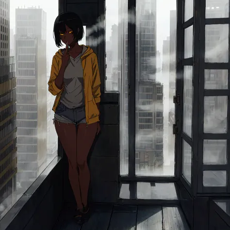 1 adult woman, solo, black hair, dark skin, short hair, yellow eyes, Hood, medium breast, mid thighs, himself, denim shorts, city, Grey sky, fog, light from the windows, dim lighting, Dim Sun, cigarette in hand, smokes, cigarette smoke.
