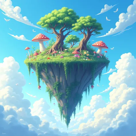 I want pictures of an island in the sky, with lots of Anime vegetation, 