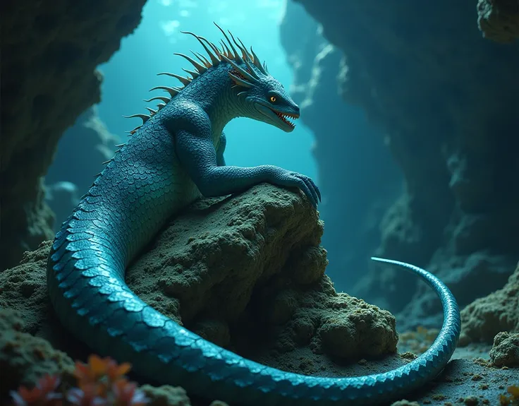 Image depicts an aquatic humanoid creature, covered in iridescent, blue-green scales, sitting gracefully on a coral outcrop in an underwater cave. The creatures form is sleek and muscular, with a long, textured tail that curls elegantly around the rock. It...