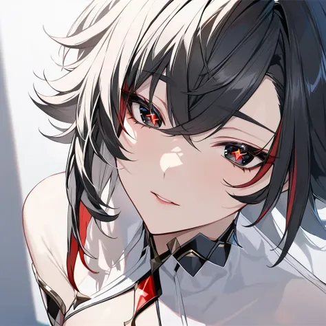 harlequin_(genshin_impact),x shaped pupils, black eyes, red pupils、(White Background)、Are standing、Glowing Eyes、(masterpiece、Highest quality)、Detailed Description、Perfect lighting、Beautiful Eyes、Detailed eyes、Glowing Skin、Sparkling eyes、Beautiful Eyes、Whit...