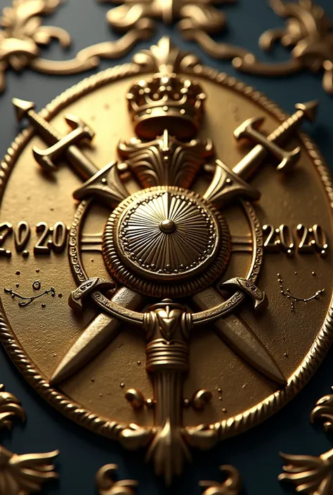 a close up of a metal golden old plaque with a crown and two swords, with trident and crown, royal insignia in background, poseidon, sharp metal crest, the god poseidon, military insignia, silver insignia, holding trident in your hand and flash in the othe...