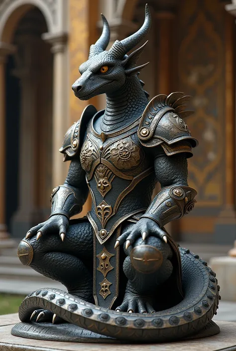 Statue of a seated dragonborn wearing armor,  and its tail wrapped around it