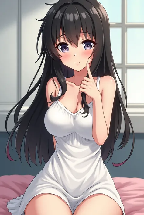 Long black haired anime girl, small breasts, in a white sundress, fingering herself, lewd face