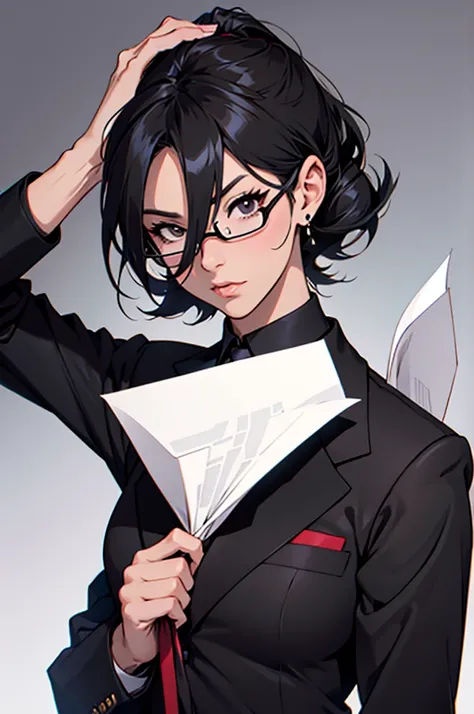 a rather attractive mature adult woman, black fur, black eyes, black suit with tie, with an office background, holding a sheet of paper all in an anime style
