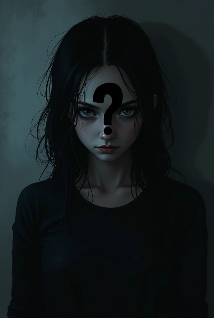 
I want you to create a dark template to create the characters with those roles.. First, the background should be dark in color. Then put a girl with a bitter face and a gloomy look. Or just a black silhouette with a question mark on its face. Whole body.