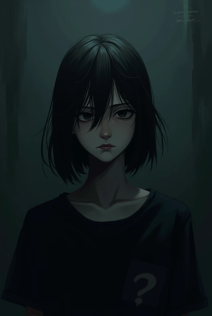 
I want you to create a dark template to create the characters with those roles.. First, the background should be dark in color. Then put a girl with a bitter face and a gloomy look. Or just a black silhouette with a question mark on its face. Whole body.