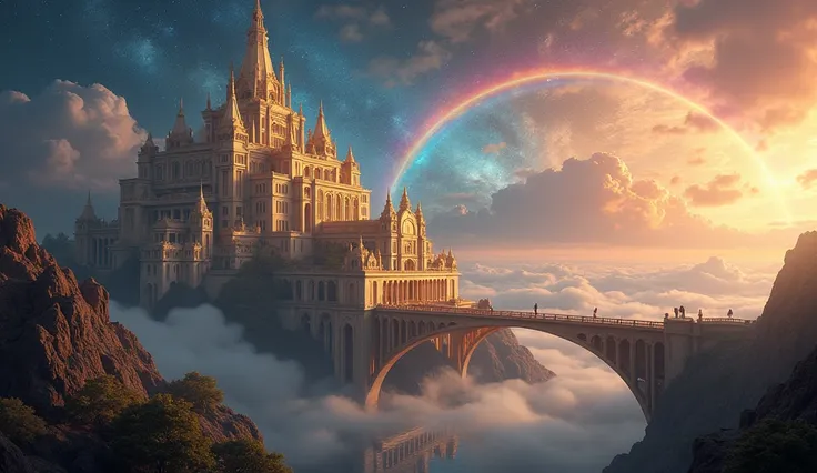 mythical golden kingdom of asgard, rainbow bridge, intricate architecture, majestic palace, glowing celestial sky, shimmering rainbow bridge, dramatic lighting, fantasy landscape, epic scale, masterpiece, (best quality,4k,8k,highres,masterpiece:1.2),ultra-...