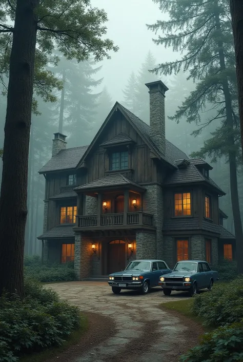 Rustic mansion with two cars parked in the garage., In the middle of the forest, Tall trees, fog, cloudy, with little rain