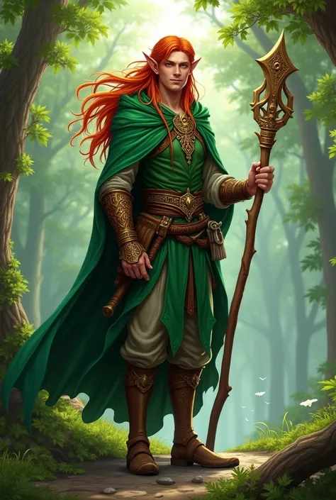 Male wood elf with long red hair wearing a green cloak, holding wooden staff
