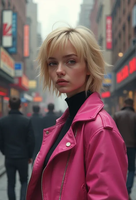 A blonde girl with short blonde hair and wearing a pink jacket, in a crowd city, depth of field, crowd out of focus, she is looking at camera, photorealistic 