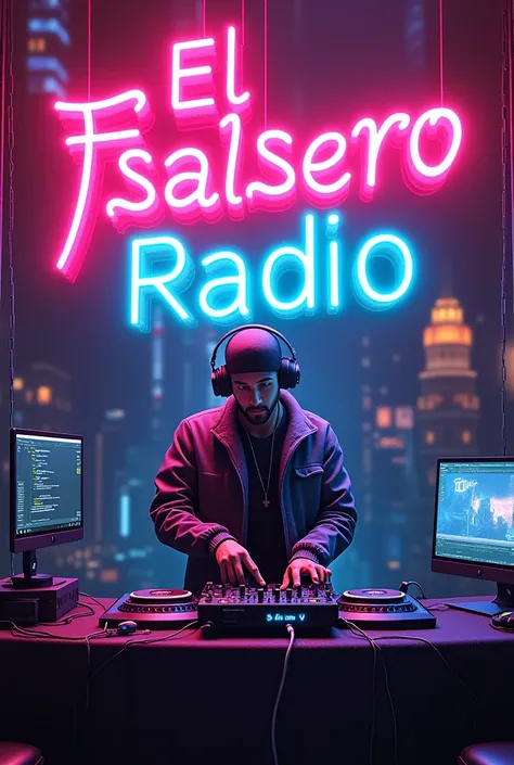 Neon sign reading "El Fenixsalsero radio" illuminated in bright blue with a red outline, floating above a futuristic DJ at his console,immersive typography, intertwined with dark fantasy and architectural elements, illustration transforming into concept ar...