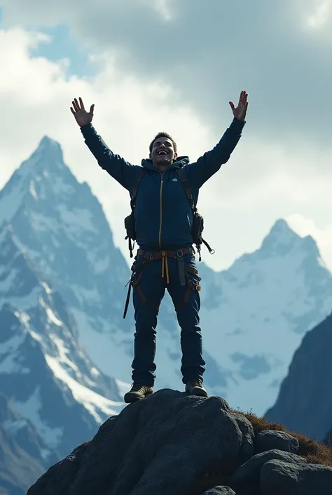 Man celebrating Victory on top of mountain with arms raised. And smiling 