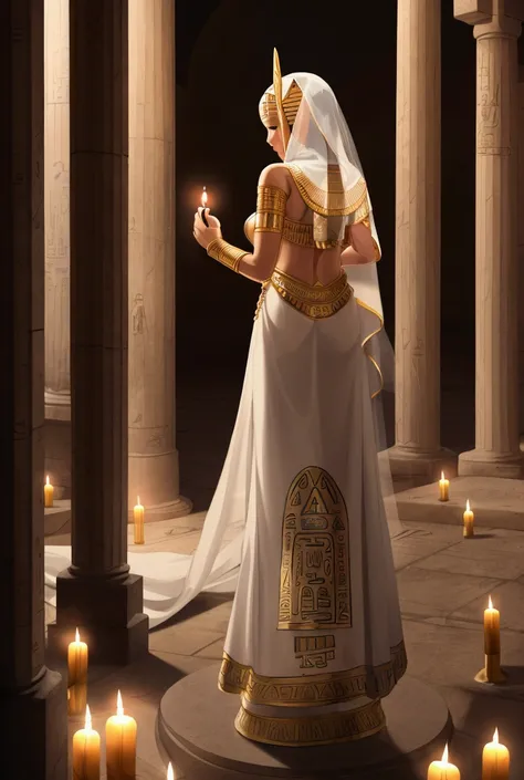 Woman alone with her back turned wearing a white veil entering an Egyptian temple at night full of candles and hieroglyphics.