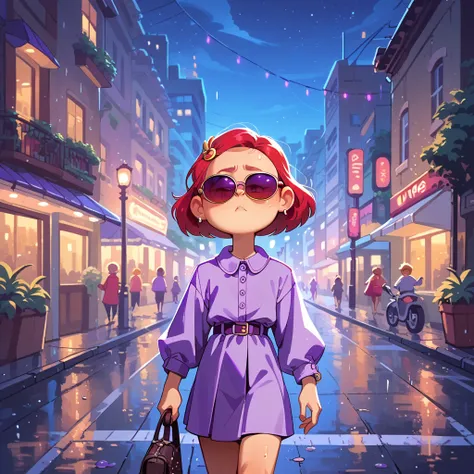 1girl, alone, girl focus, meilin lee, purple hair, purple dress, sunglasses, outdoors, city, night, neons, road after rain, by d...