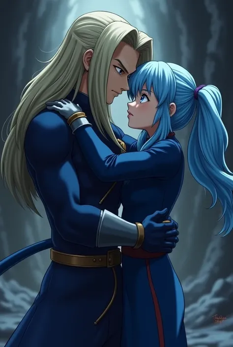 trunks dragon ball, trunks of the future. dark blue suit, armor, against his daughter Bura, right, Dragon Ball GT Bura, girl with light blue hair, blue eyes, dark blue suit, armor, loose hair, bangs, father and daughter, hug