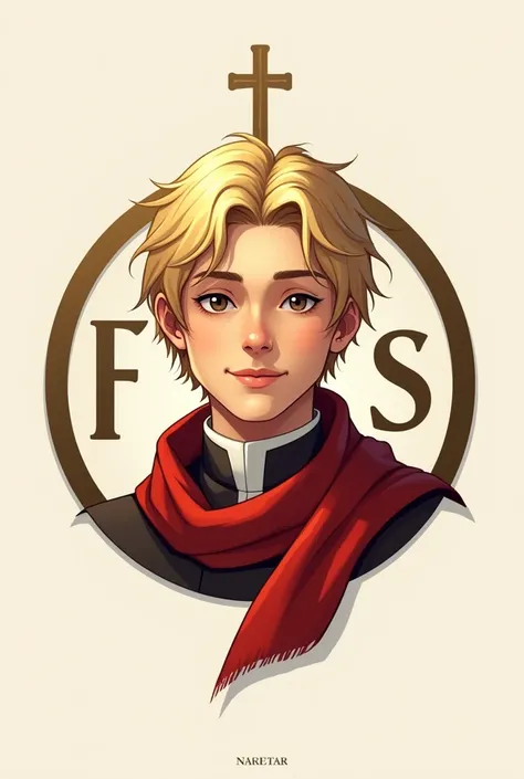 F and S logo with miguel magone of the salesians with a red carf and blonde in the middle of the logo