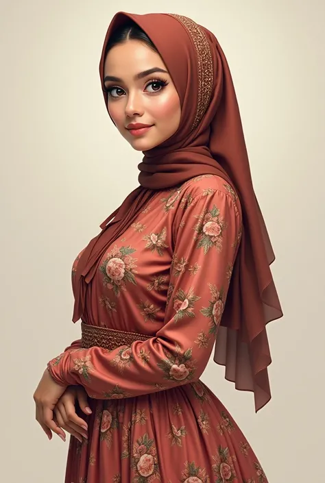 (iu:0.8), RAW, Best quality, high resolution, Masterpiece: 1.3, Beautiful  hijabi malay women ,big eyes, perfect nose, perfect body, wearing floral longdress,big breast, Masterpiece, smile, buka mulut, V shape Clothing