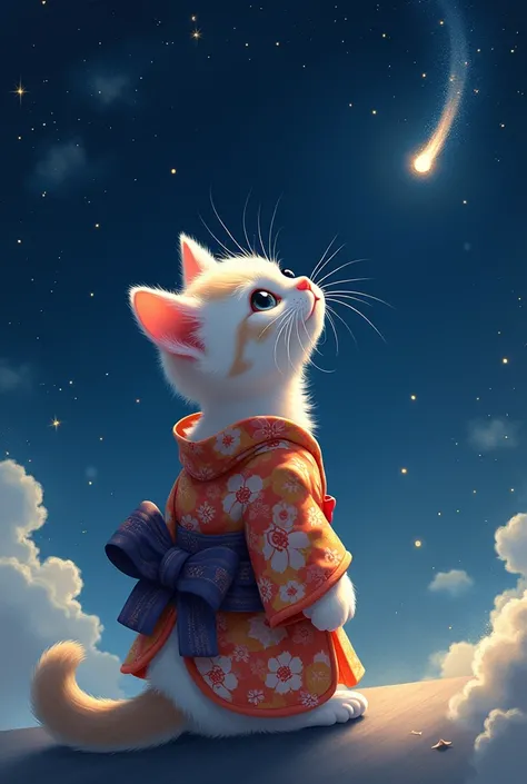 kitten dressed in kimono looks at the night sky very starry a little cloudy pretty comet below his head in the sky, back view of the kitten