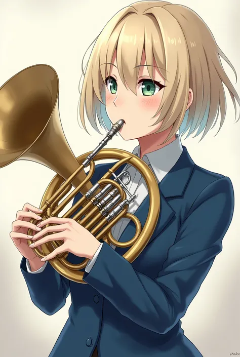 a woman playing french horn with short dyed blonde hair and blue jacket with green eyes

