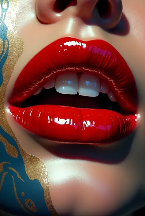 An extreme close-up of a womans lips, painted in vibrant, glossy red lipstick that reflects light in precise detail. The smooth surface of the lips glistens, showing tiny reflections of the surroundings. The skin around the lips is painted with an intricat...