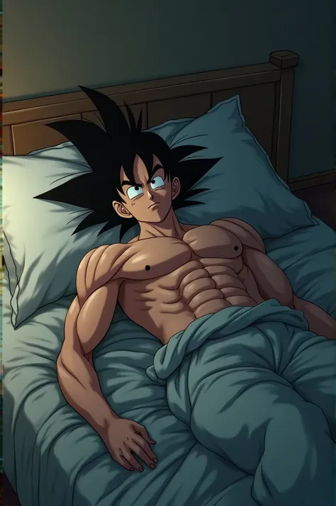 Makes Goku lying on a bed shirtless exhausted