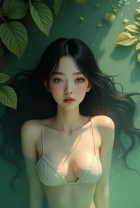 (photorealism:1.2), The girl is floating serenely in a calm body of water, surrounded by natural vegetation. The girl has an oval face with defined cheekbones and a soft jawline. Her eyes are large and light green, framed by long eyelashes. Her eyebrows ar...