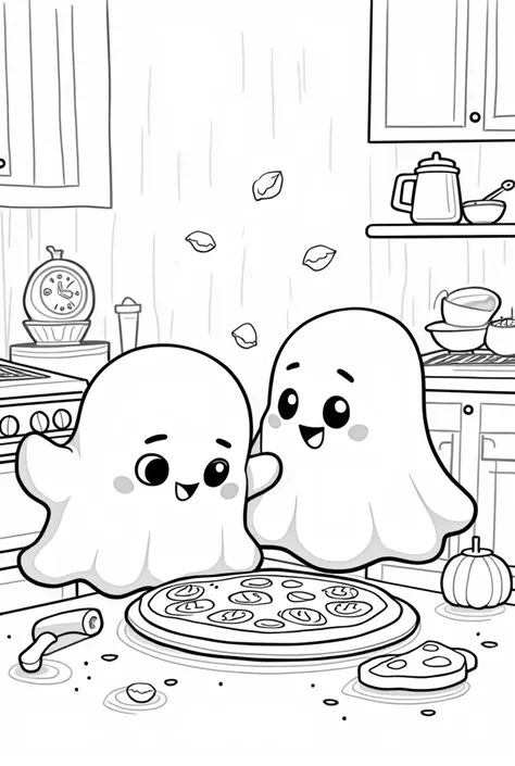 Generate a high-quality, black and white illustration for a childrens coloring page with a Halloween theme. The scene features two cute, smiling ghosts in a cozy kitchen, happily making a pizza together. The ghosts should have playful, rounded forms, and t...