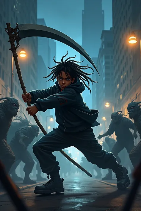 Black teenager black boy dreads hair holding a scythe black outfit. Anime hoodie clothes fighting an army of monsters in city fighting action pose scythe user demon night time 