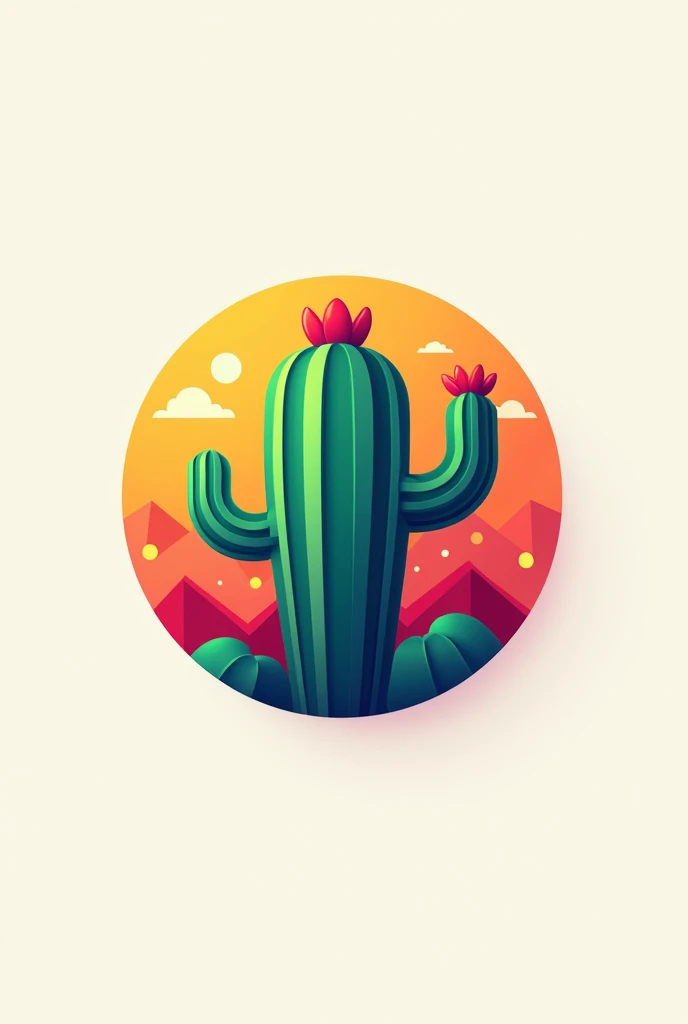 a circle logo, cactus, sun mascot, text "CACTUSSS.PLANT", minimalist design, geometric shapes, 3D rendered, clean lines, vibrant colors, dynamic composition, modern aesthetic, high contrast, symmetrical, bold typography, mascot character, stylized graphics...