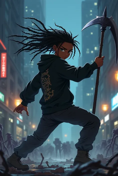 Black teenager black boy dreads hair holding a scythe black outfit. Anime hoodie clothes fighting an army of monsters in city fighting action pose scythe user demon night time 