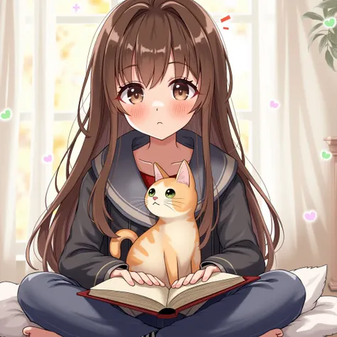 Keep the girl&#39;s features as they are without changing them and change the cat to one that is beige brown and have her maintain the same posture reading the book.