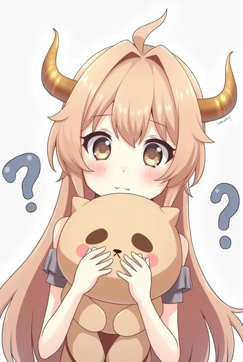 The image shows an anime-style character with long, light brown hair., wearing a horned hairstyle. She appears to be holding a stuffed animal and has an expression of confusion or surprise., indicated by the question marks next to it. 