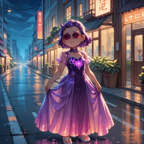 1girl, alone, girl focus, meilin lee, purple hair, purple bioluminescent dress, glowing dress, sunglasses, outdoors, city, night...